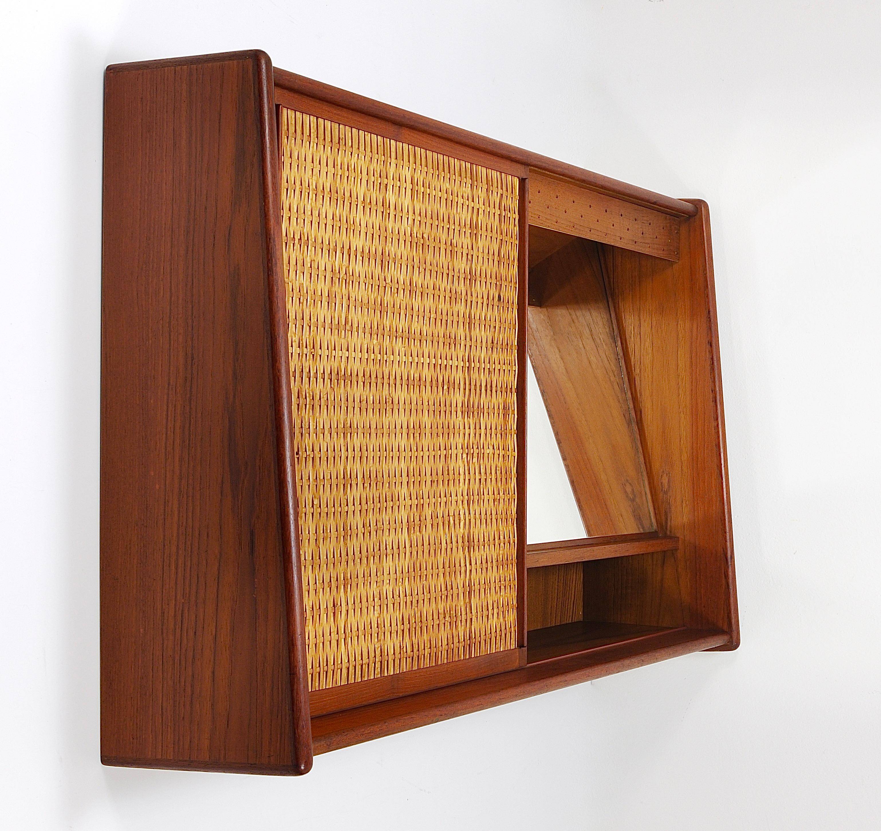 Arne Wahl Iversen Wall Mirror & Shelf Cabinet, Teak & Cane for Brenderup Denmark