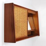 Arne Wahl Iversen Wall Mirror & Shelf Cabinet, Teak & Cane for Brenderup Denmark
