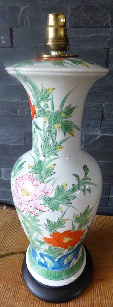 Chinese white earthenware lamp base with flower decoration