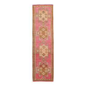 Tapis de couloir vintage rose délavé et marron 3x11