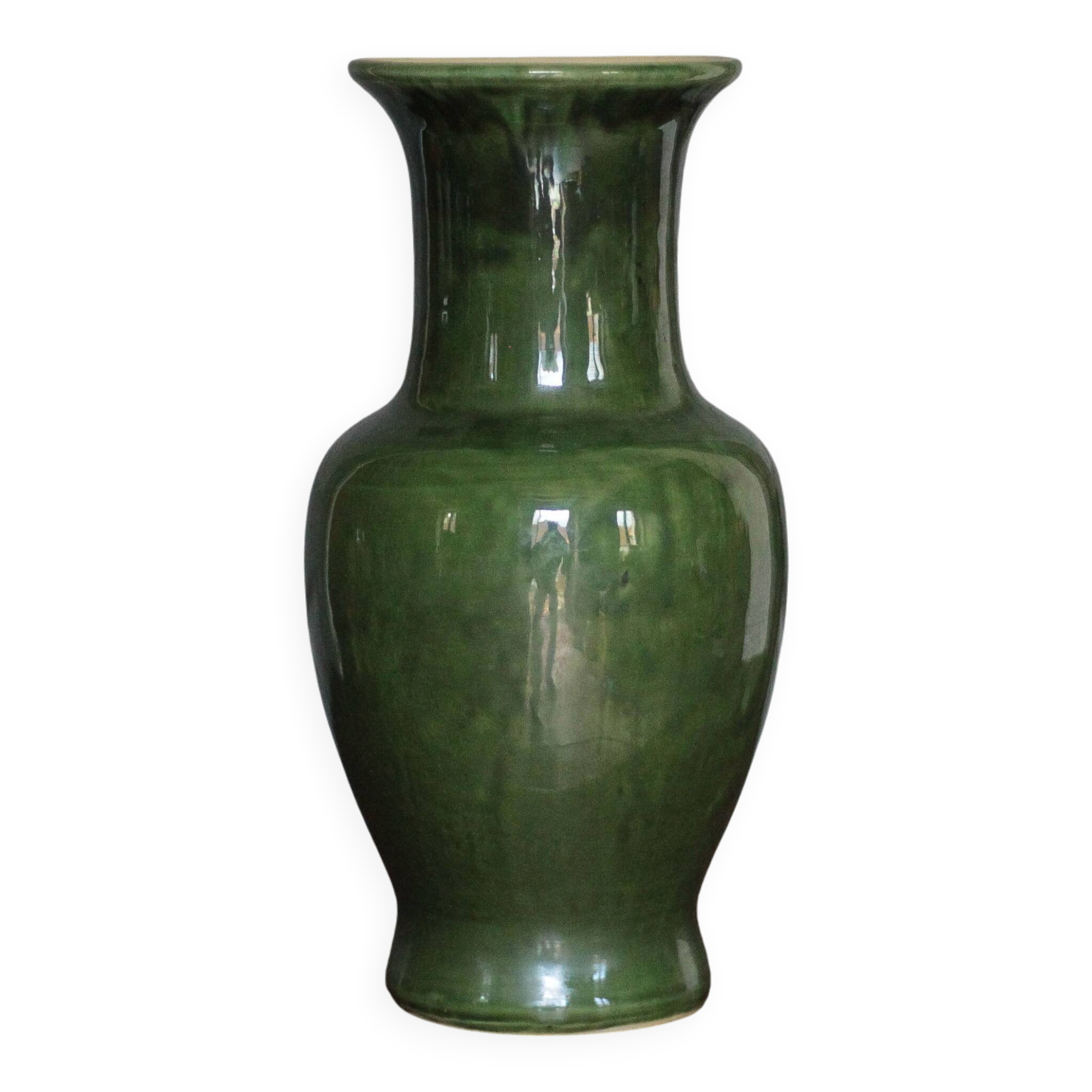 Green glazed ceramic vase, vintage baluster vase, flower pot