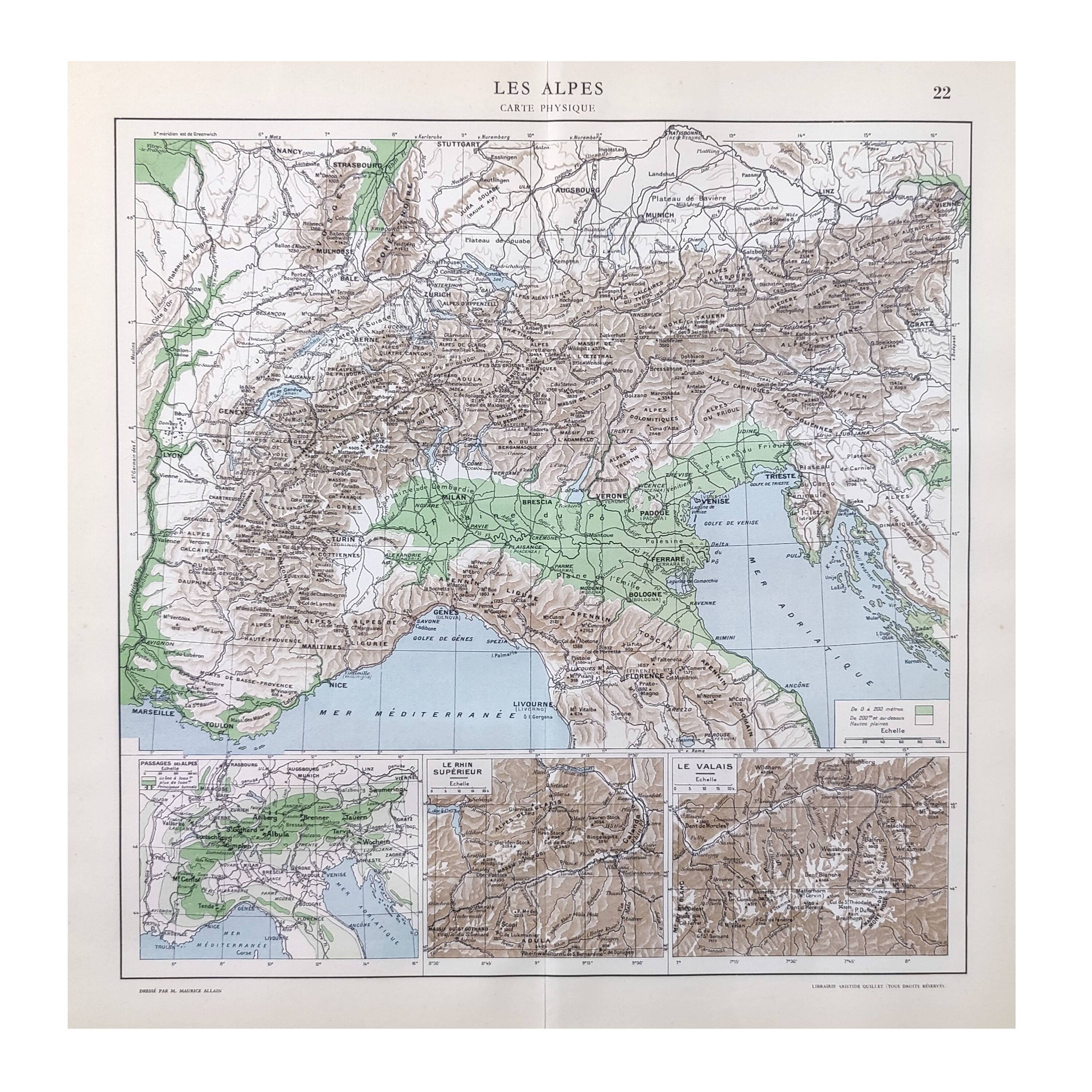 Vintage Europe Alps mountains map from 1950