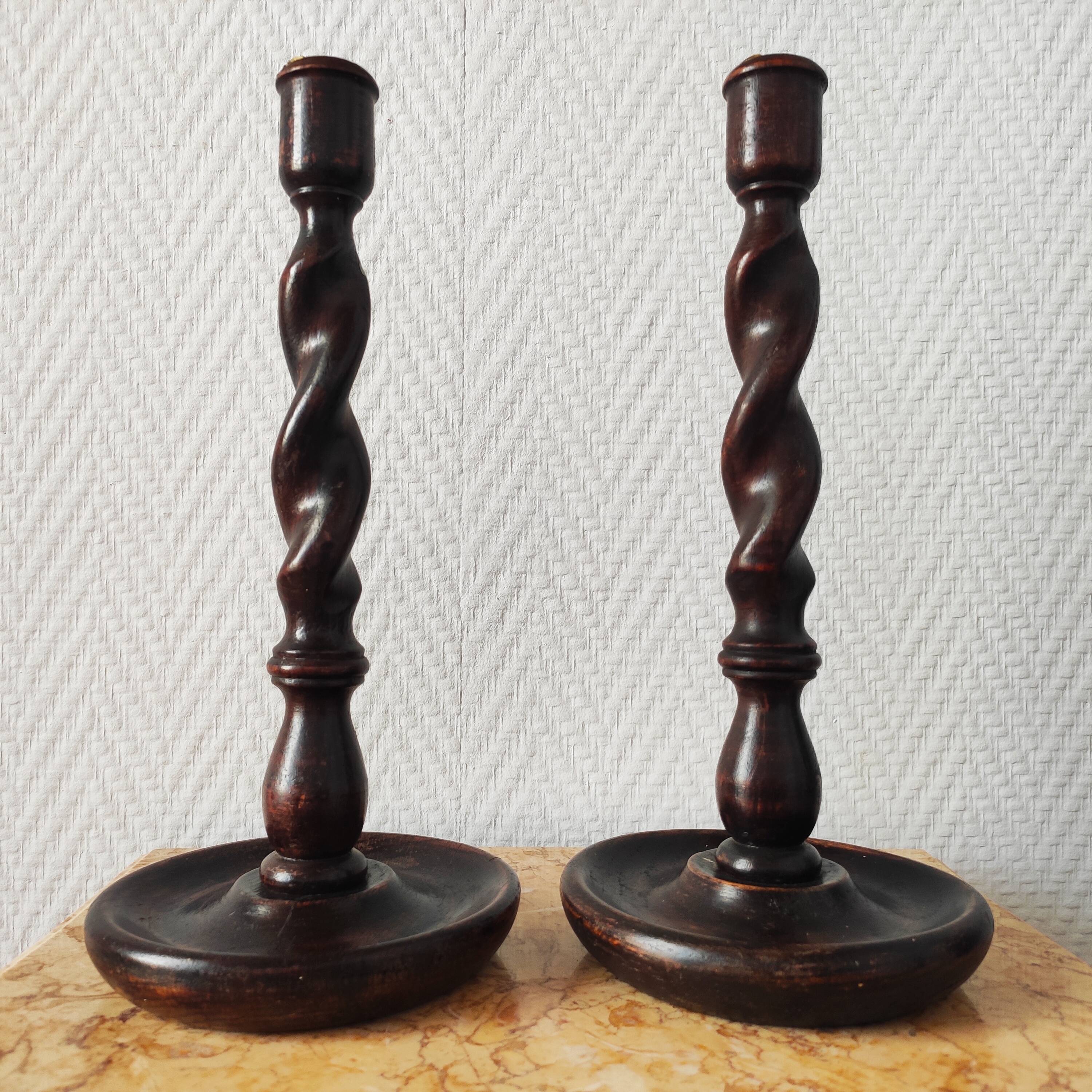 Old pair of English turned wood candlesticks
