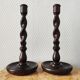Old pair of English turned wood candlesticks