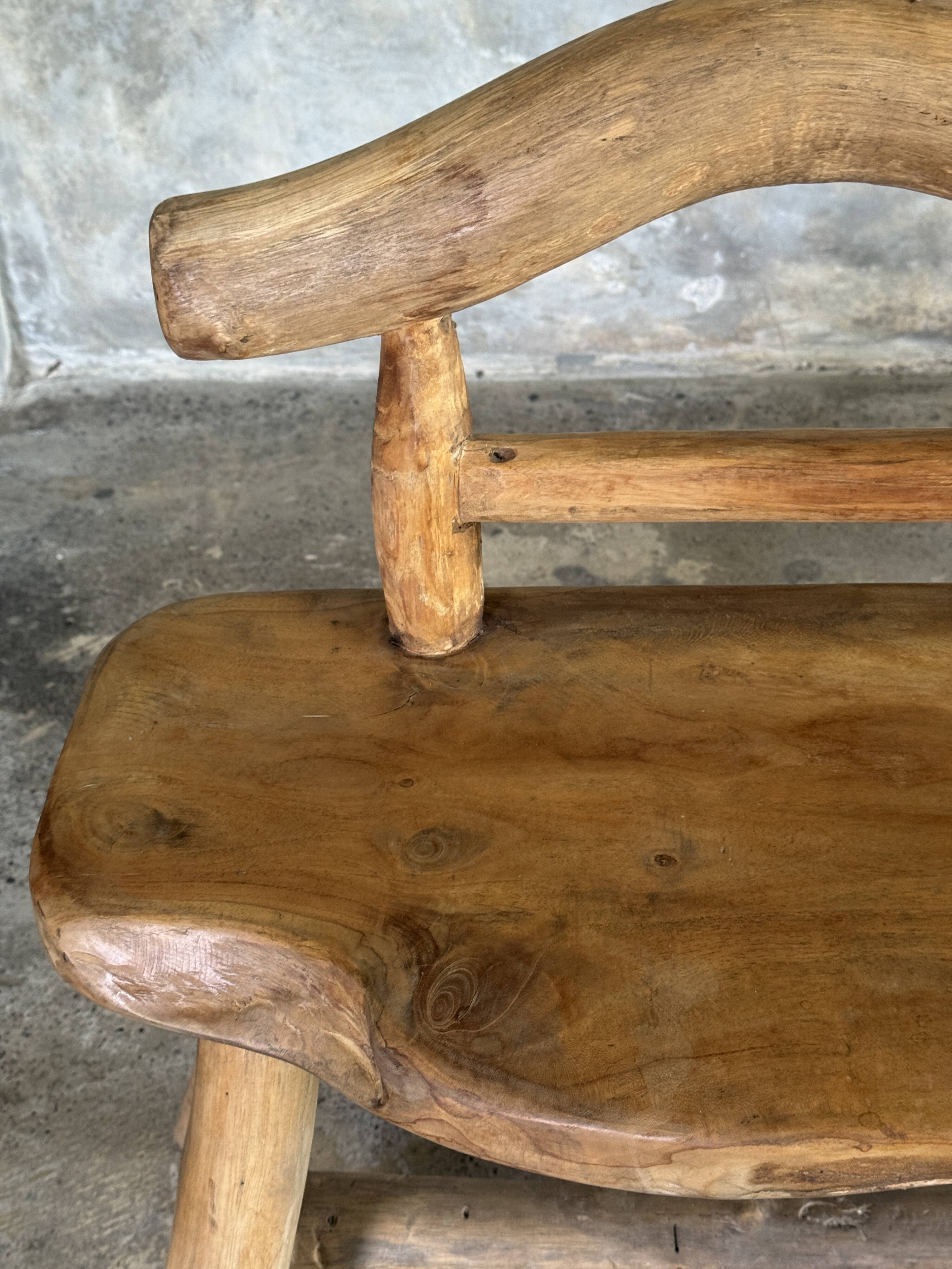 Small brutalist bench with backrest and armrests in Asian blonde teak H67 L6