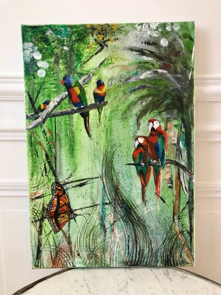 Oil painting on canvas jungle parrot signed vintage