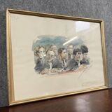 Watercolor drawing representing the magistrates of a trial dated October 1986