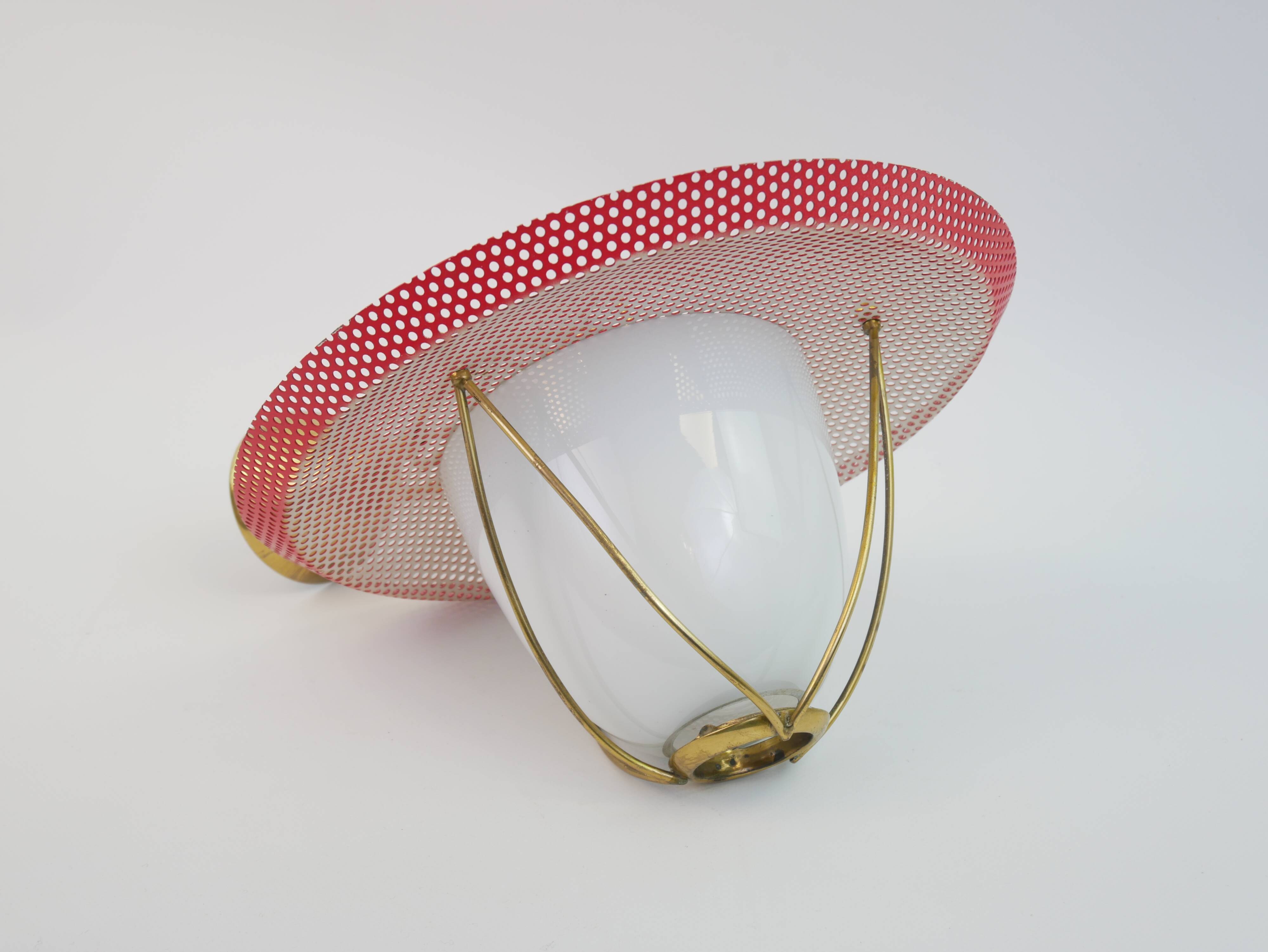 Suspension in perforated red lacquered metal, brass and opaline in the style of Mathieu Matégot