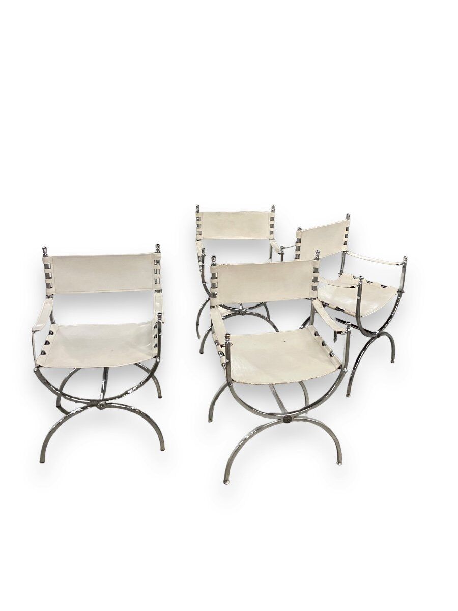 Maison Jansen Set of 4 armchairs Emperor Savonarola White leather and chromed metal