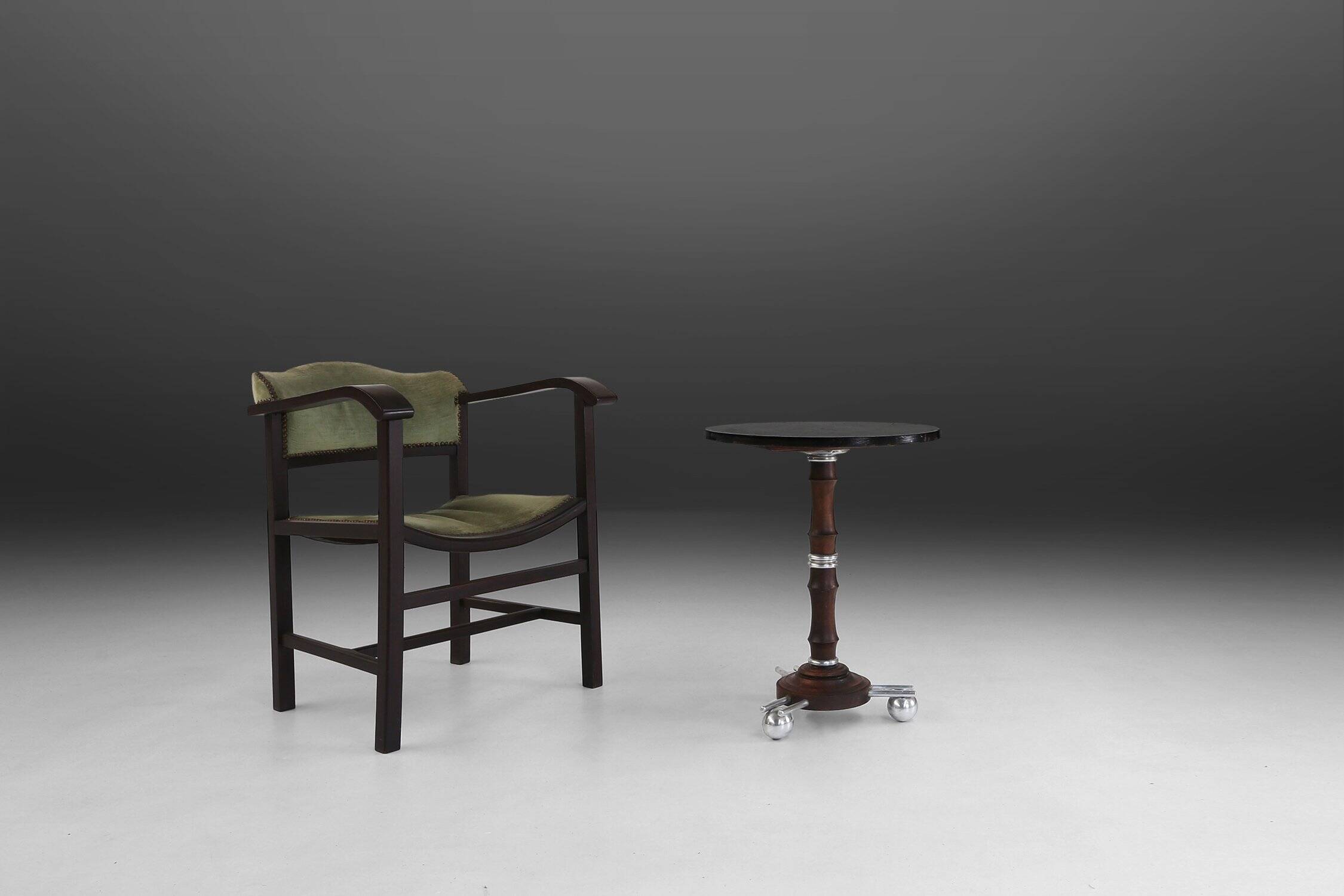 Art Deco Armchair in Black Lacquered Wood and Green Velvet, Belgium 1930s