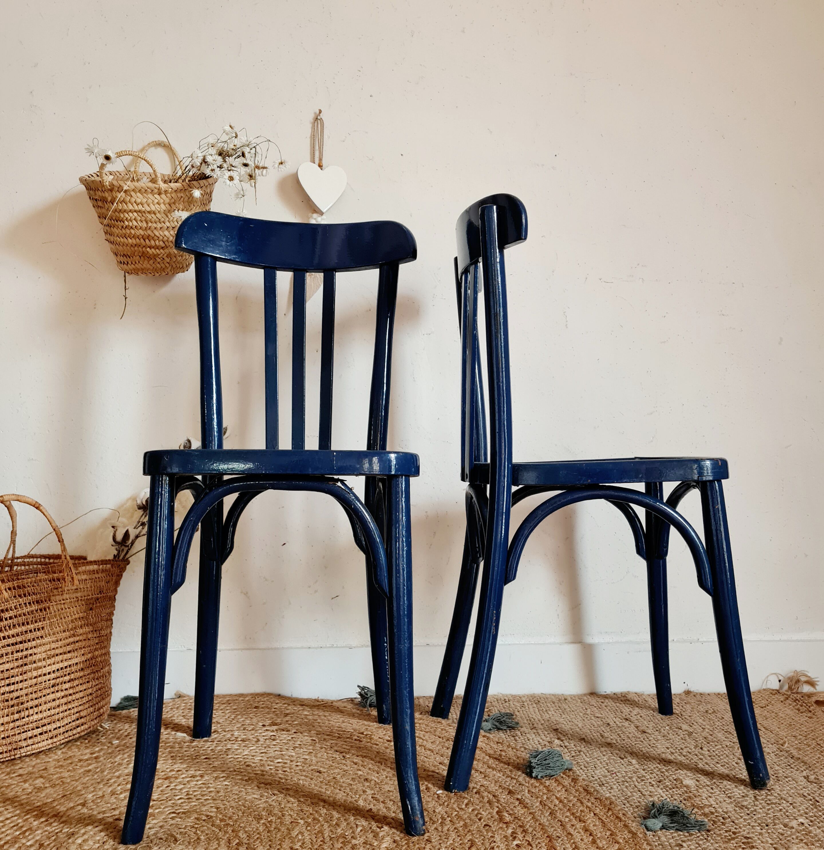 Duo of old blue bistro chairs