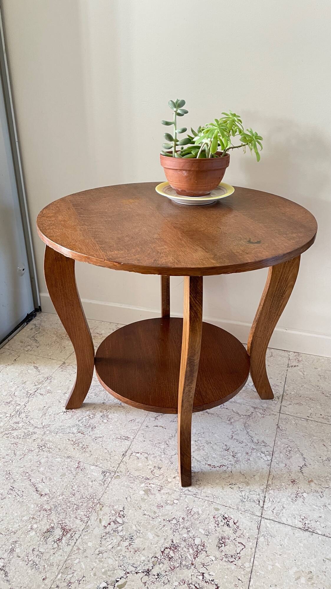 Vintage round oak coffee table with 2 shelves