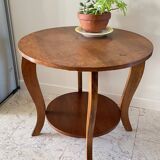 Vintage round oak coffee table with 2 shelves