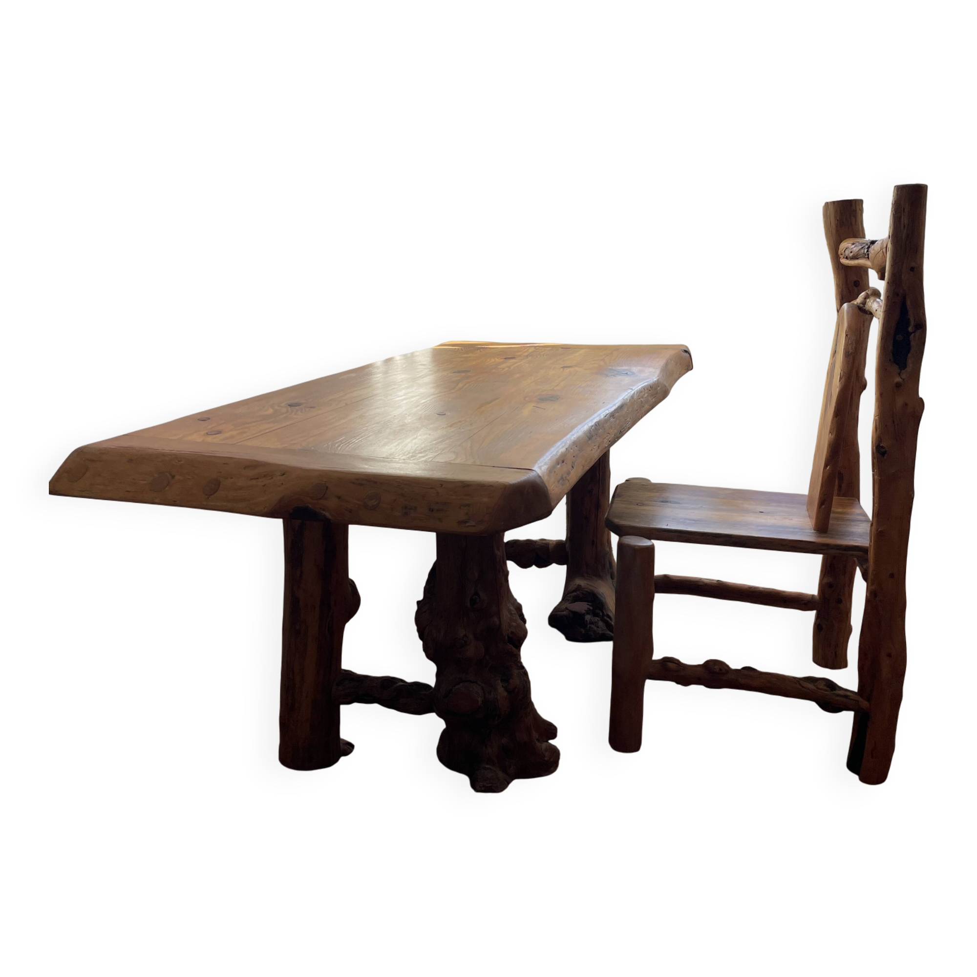 Rustic pine wood table and chair