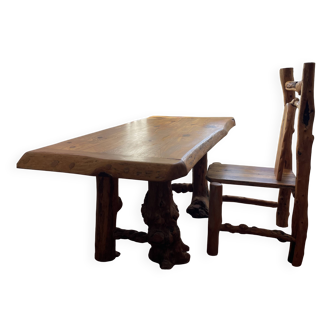 Rustic pine wood table and chair
