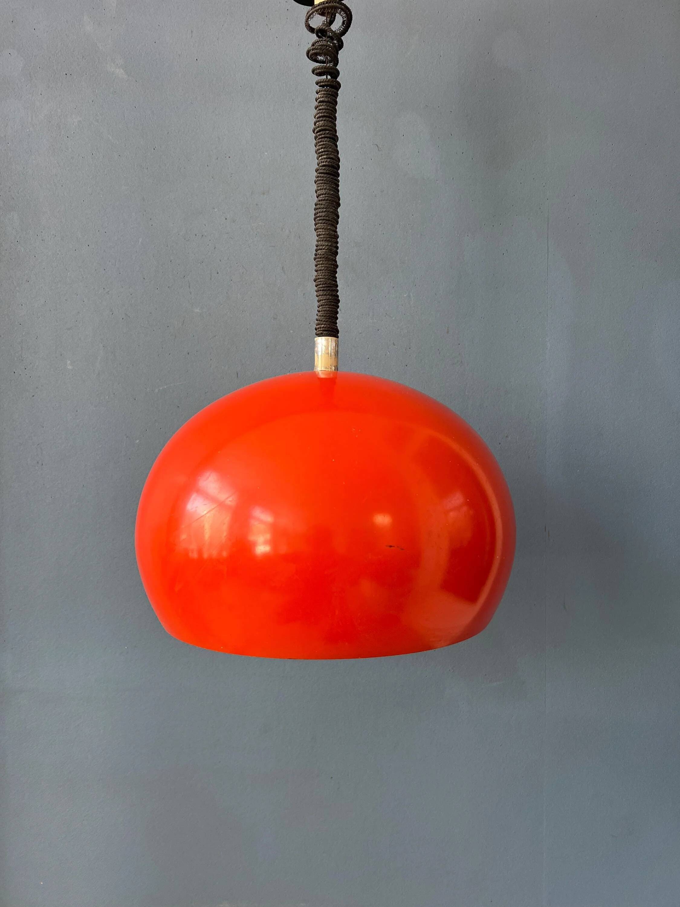 Large vintage red metal pendant light in Space Age style