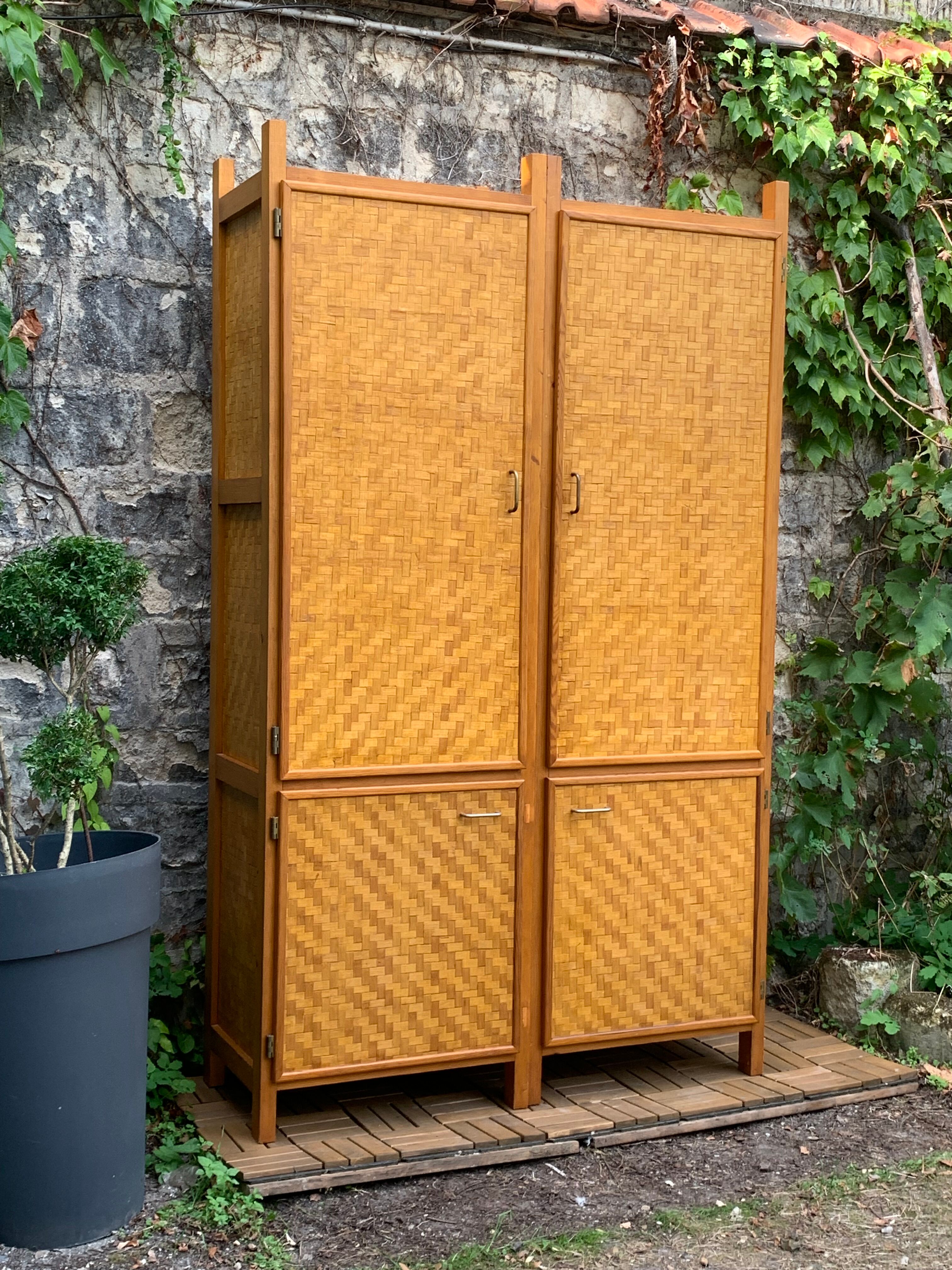 Bamboo cabinet woven and modular pine vintage 1960
