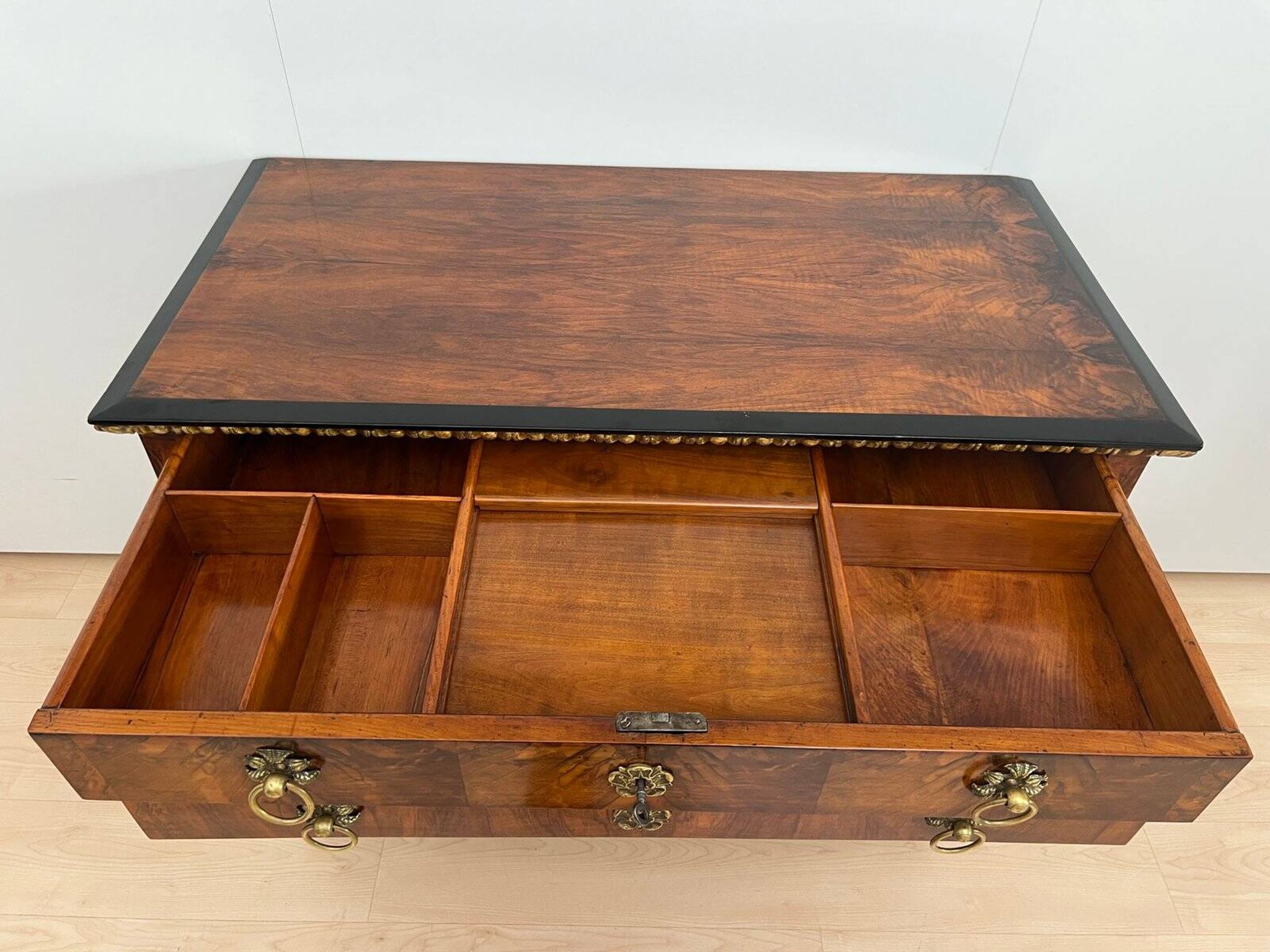 Biedermeier Chest in Walnut Veneer, Cherry, Gold Leaf & Brass, Austria, 1815