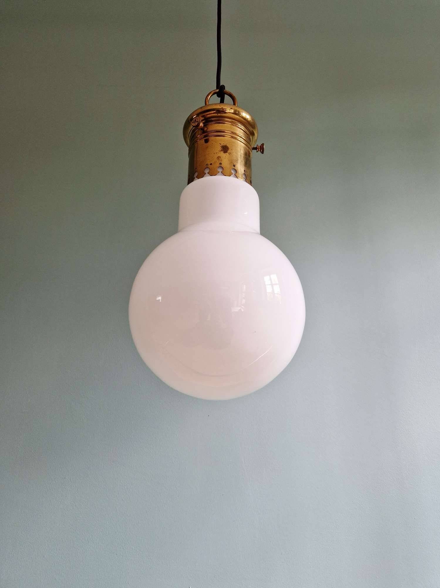 Large bulbous pendant light in white opaline and brass