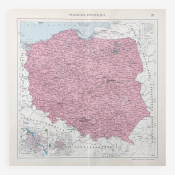 Carte ancienne Pologne Europe 43x43cm de 1950