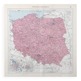 Carte ancienne Pologne Europe 43x43cm de 1950