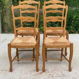 4 Louis XV chairs in solid blond oak and straw wood with shell sculptures
