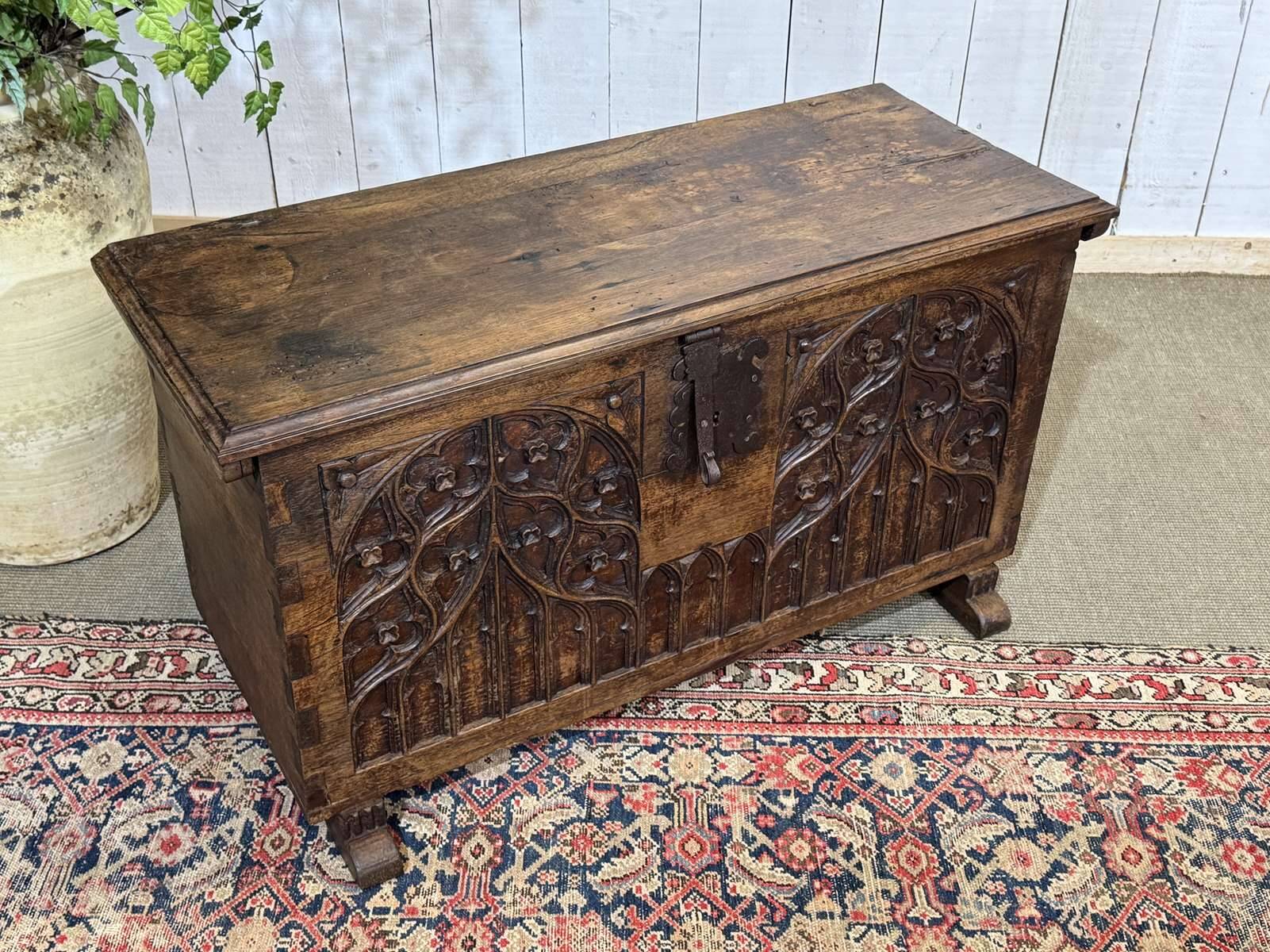 18th-century oak chest with Gothic decoration