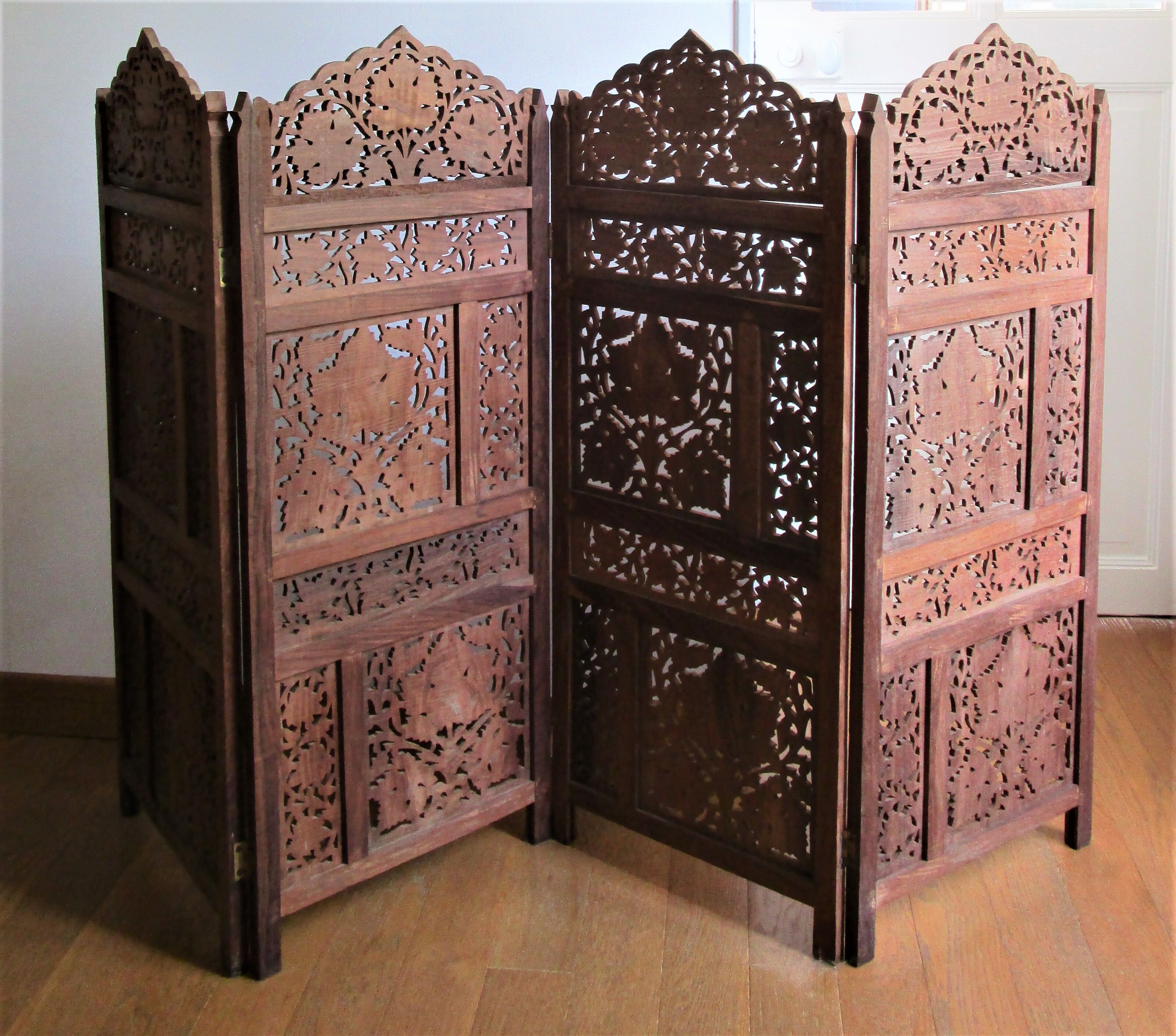 Solid wood screen carved four vintage panels height 98 cm