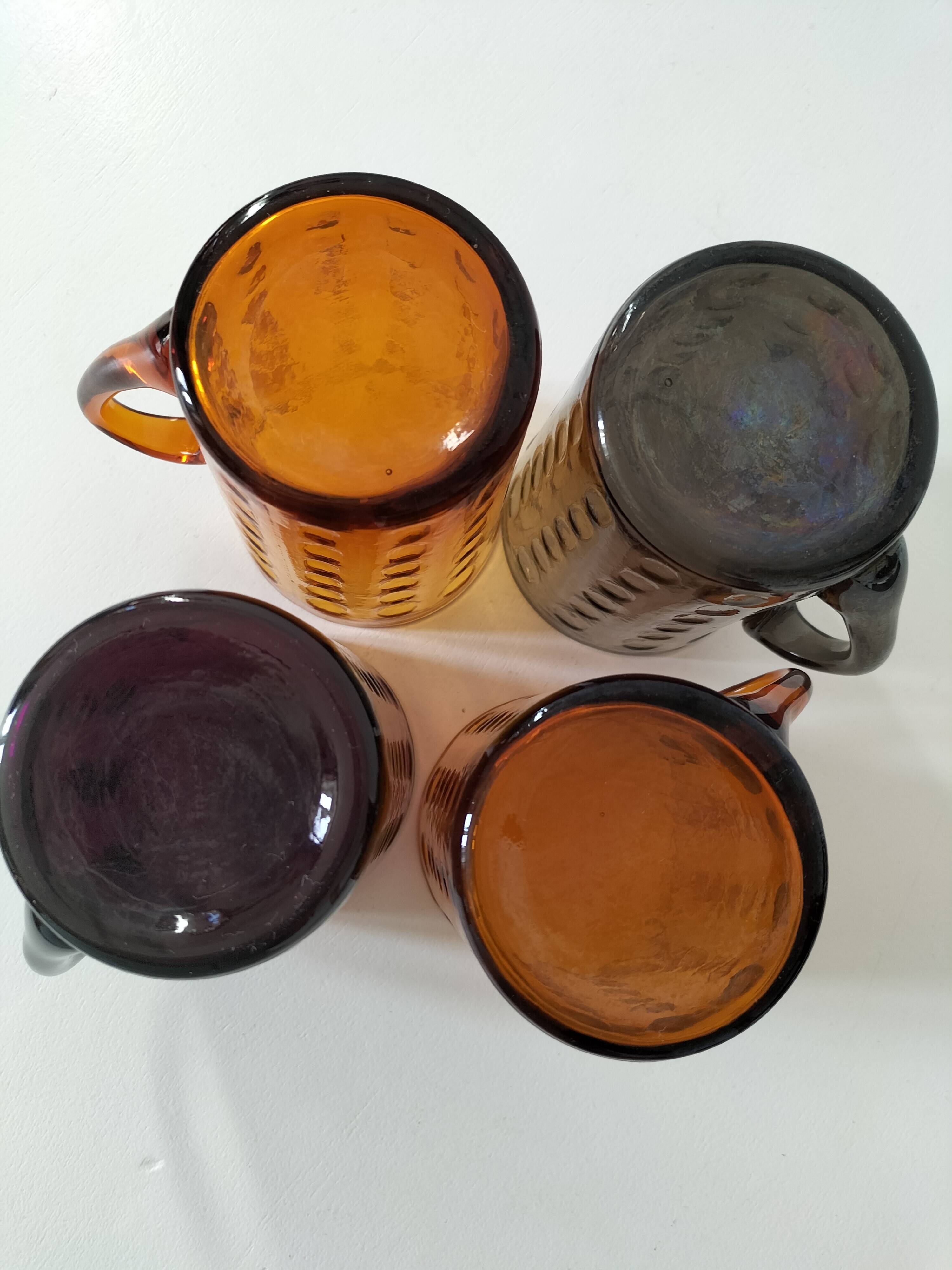 Set of 4 coloured pressed glass mugs, vintage style.