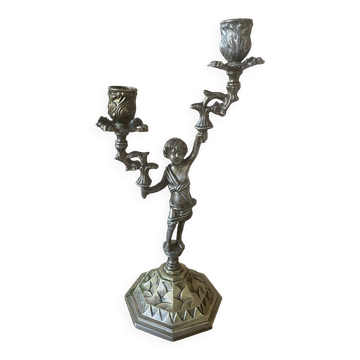 Two-light cherub chandelier in brass