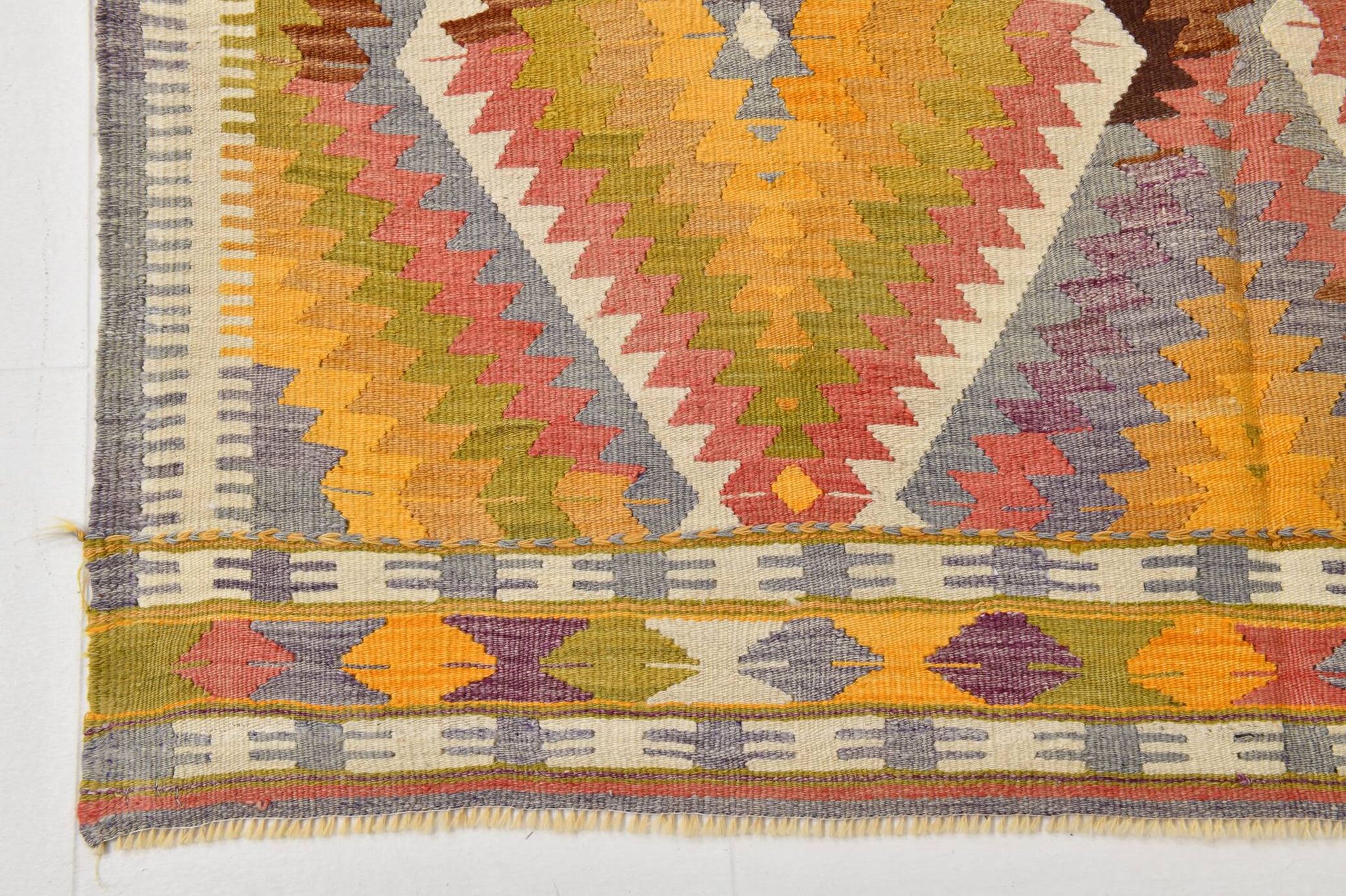 Fade Yellow Long Wide  Vintage Kilim Rug,Geometric Tribal Design,152x296 Cm