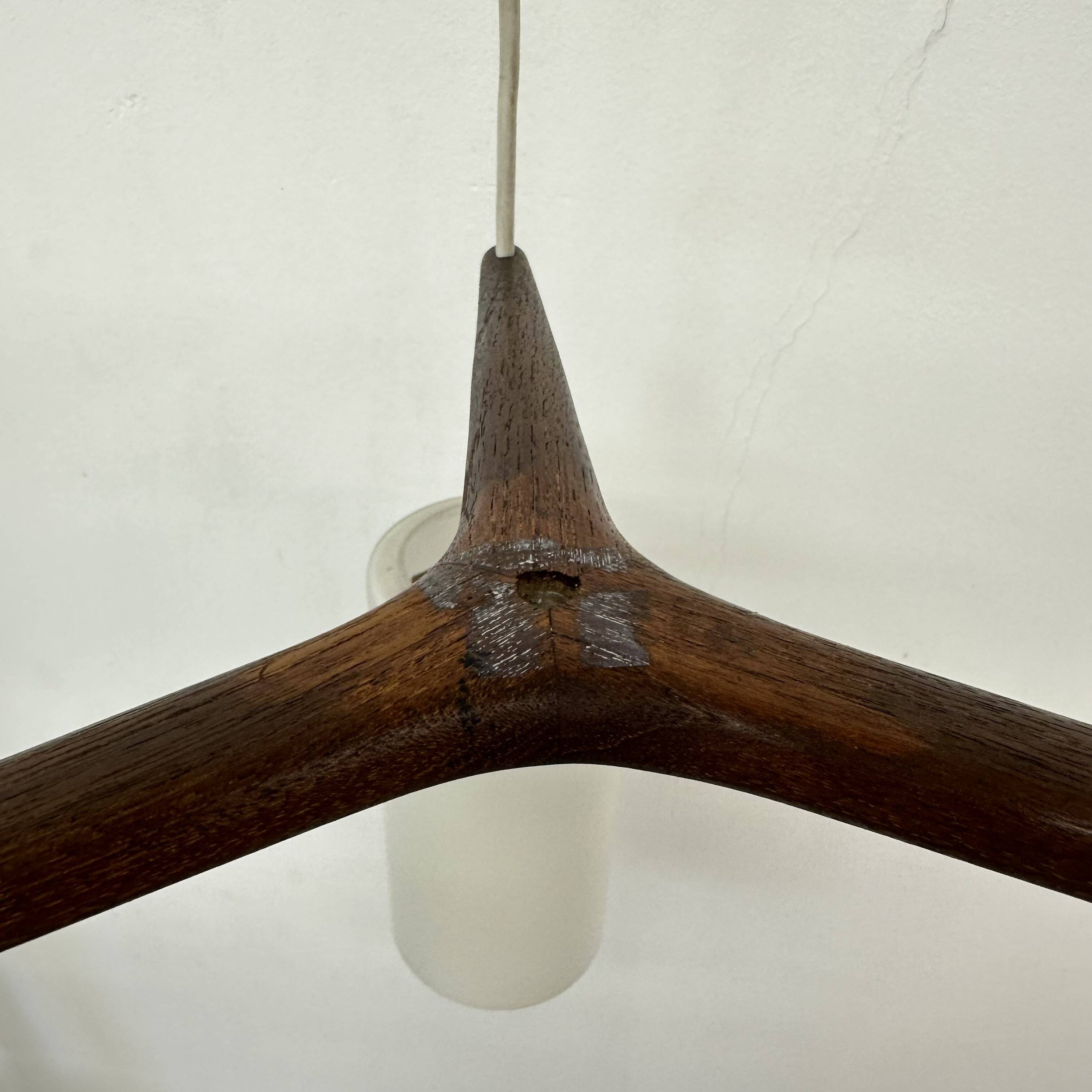 Mid-century design pendant lamp teak and opaline glass , 1970s