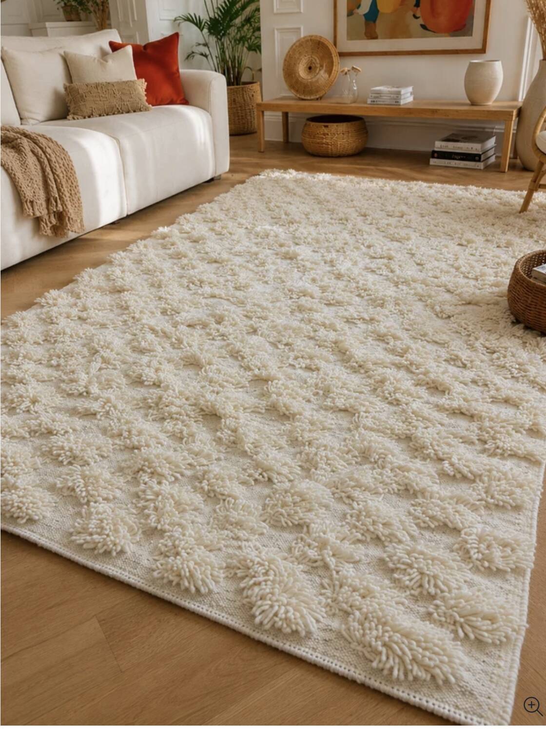 Ecru Berber rug with wool tufts and relief patterns – 250 × 152 cm