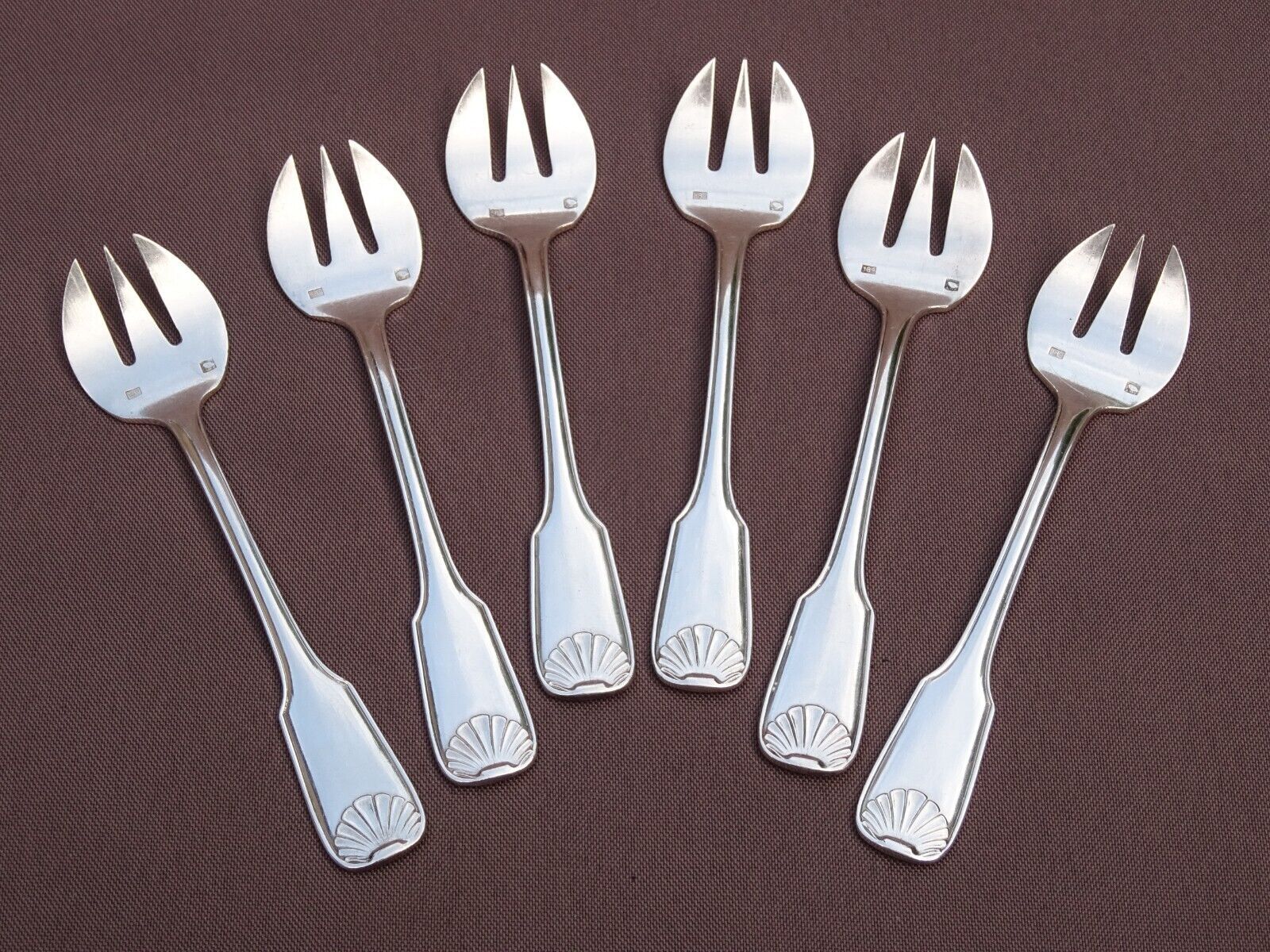 6 silver metal oyster forks shell model