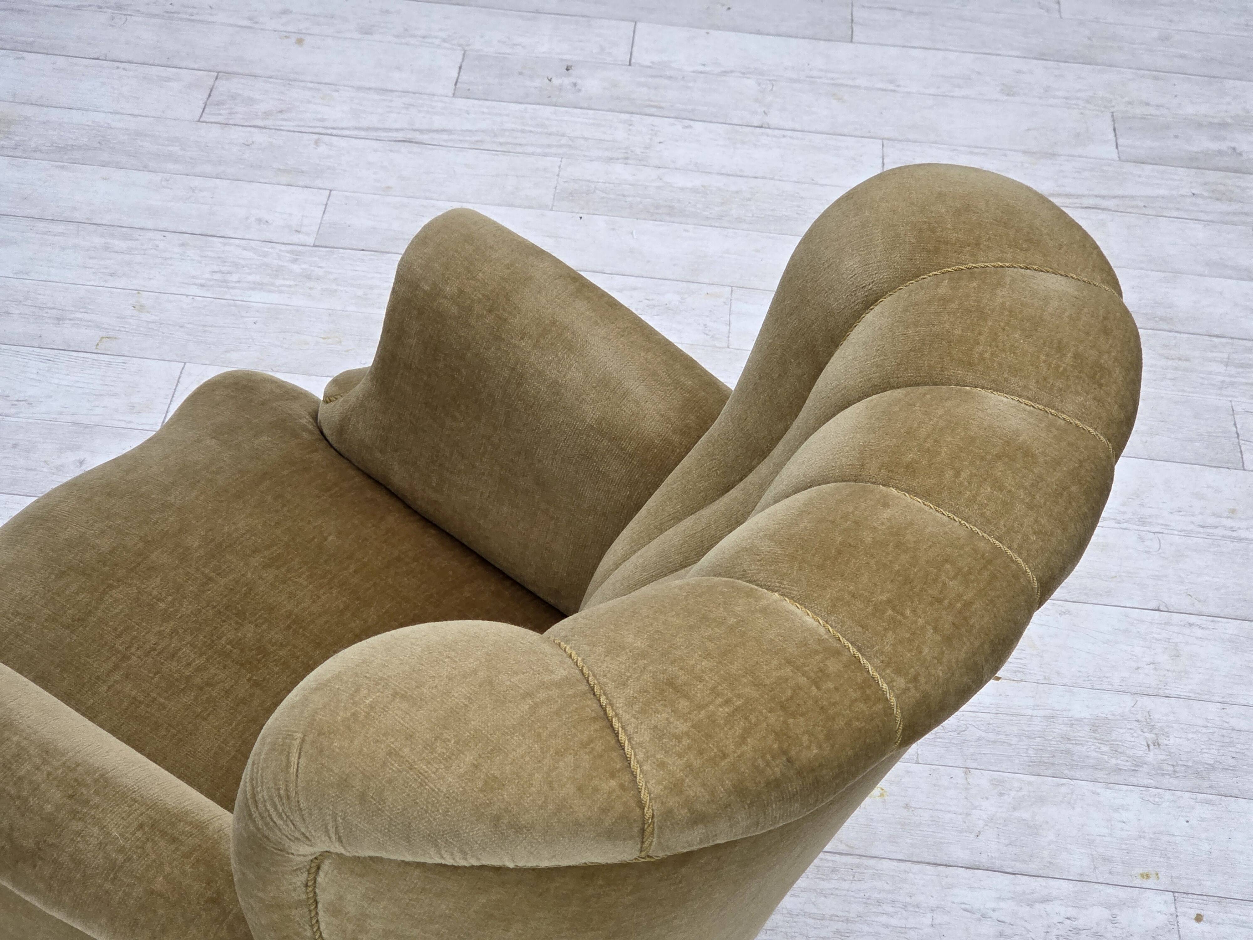 1960s, Danish armchair, green furniture velour, oak wood.