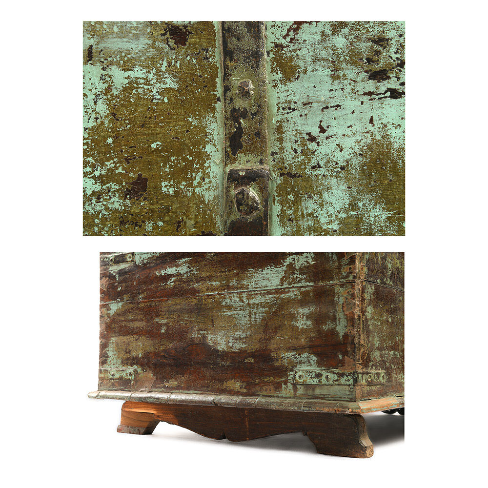 Wooden chest with green patina