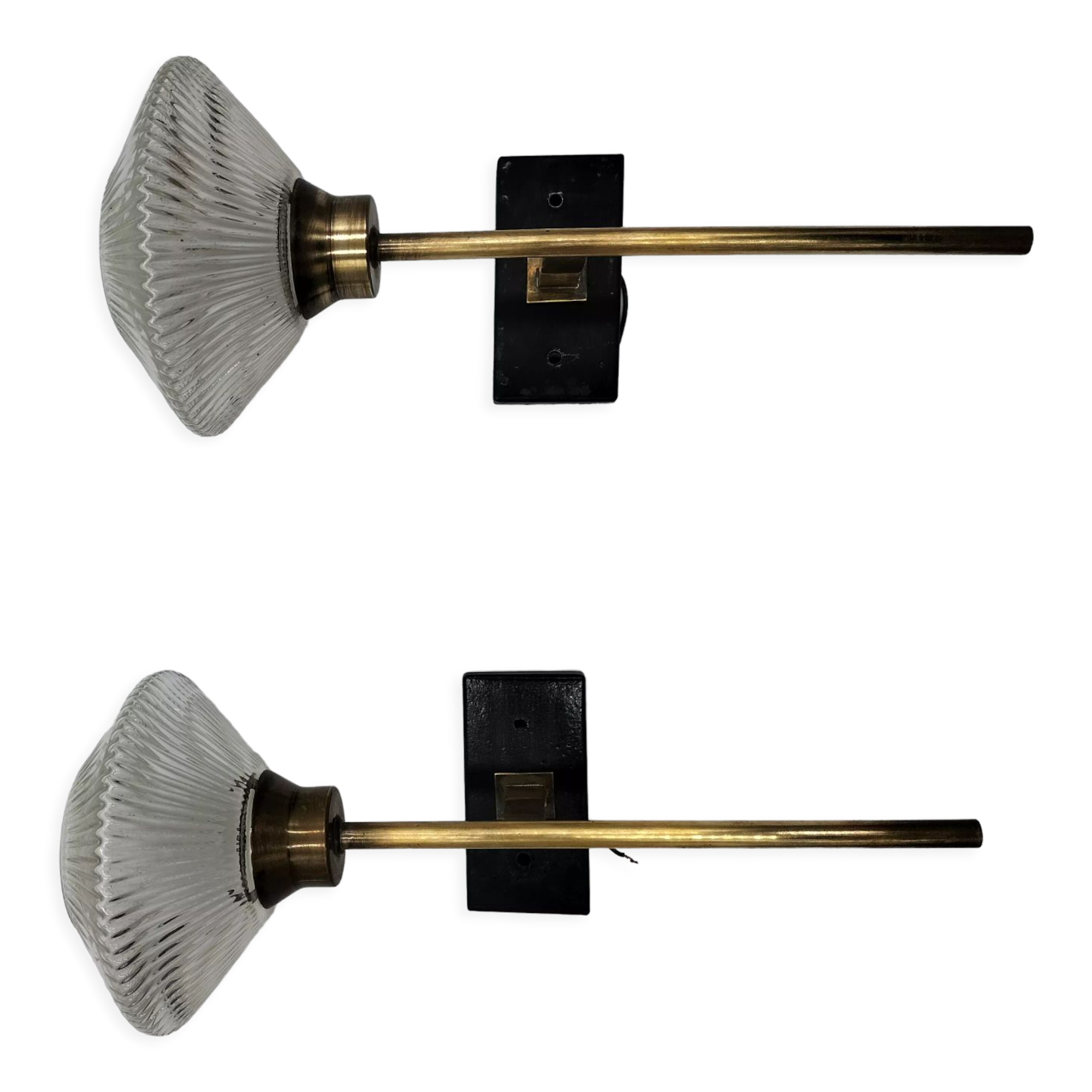 Pair of brass and glass wall lamps