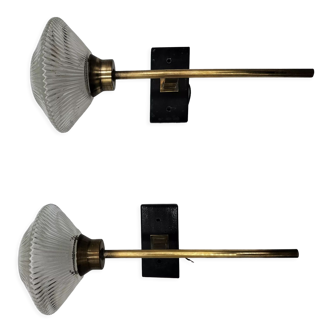 Pair of brass and glass wall lamps