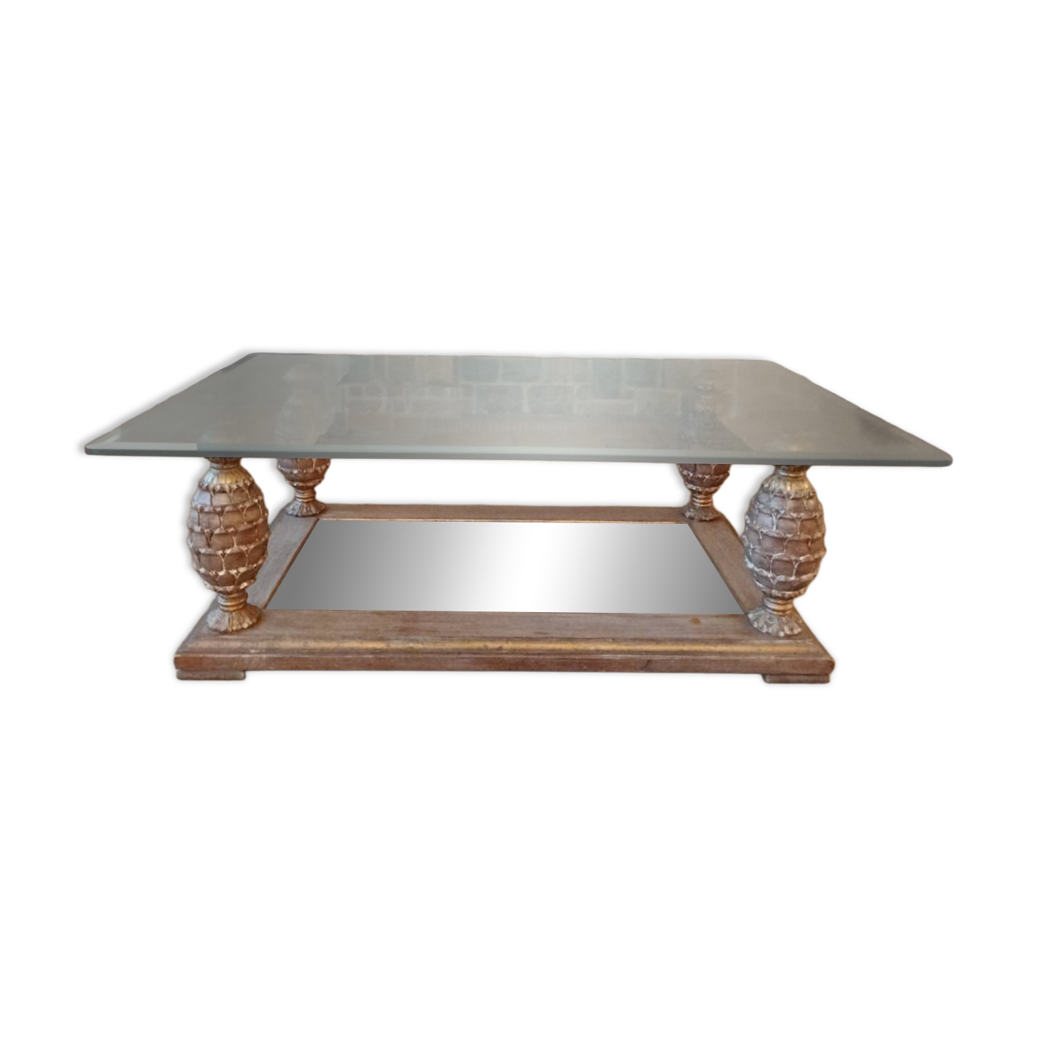 Table basse en verre biseauté , pieds ananas .