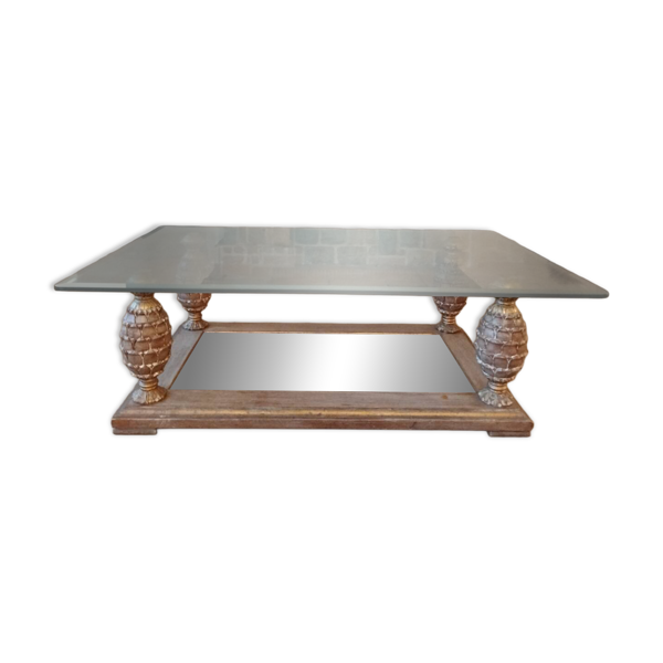 Table basse en verre biseauté , pieds ananas .