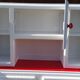 White mado buffet, red handles and tray, hen grill