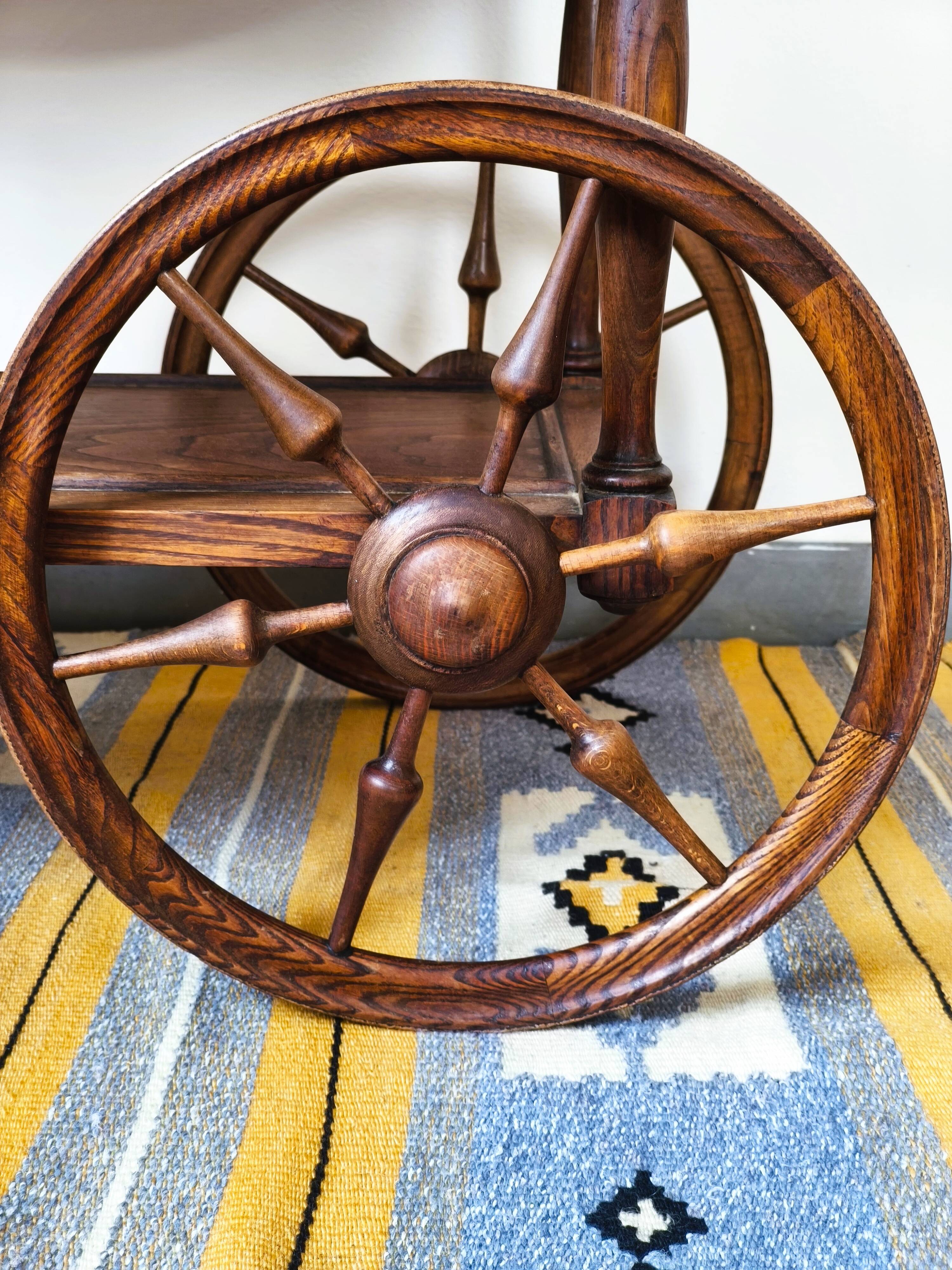 Folding dessert table in solid chestnut, 2 drawers, wheels, 20th century.