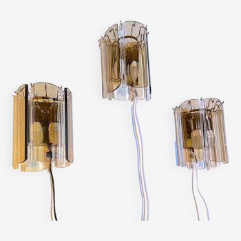 Three Venini Sconces, beveled smoked glass, Italy, 1970