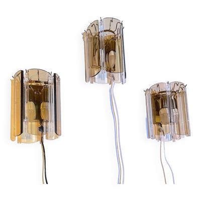 Trois Appliques Venini, verre fumé biseauté, italie, 1970