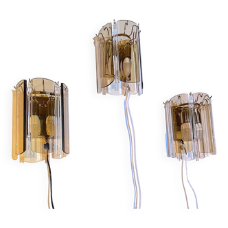 Three Venini Sconces, beveled smoked glass, Italy, 1970