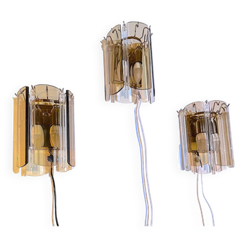 Three Venini Sconces, beveled smoked glass, Italy, 1970