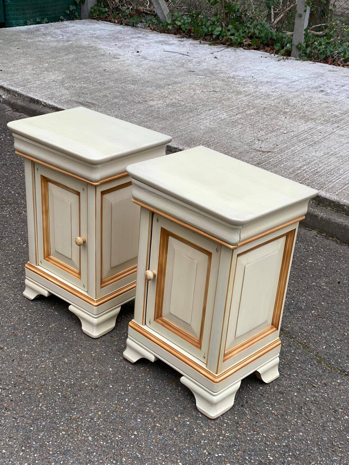 2 Louis Philippe bedside tables in solid beige wood.