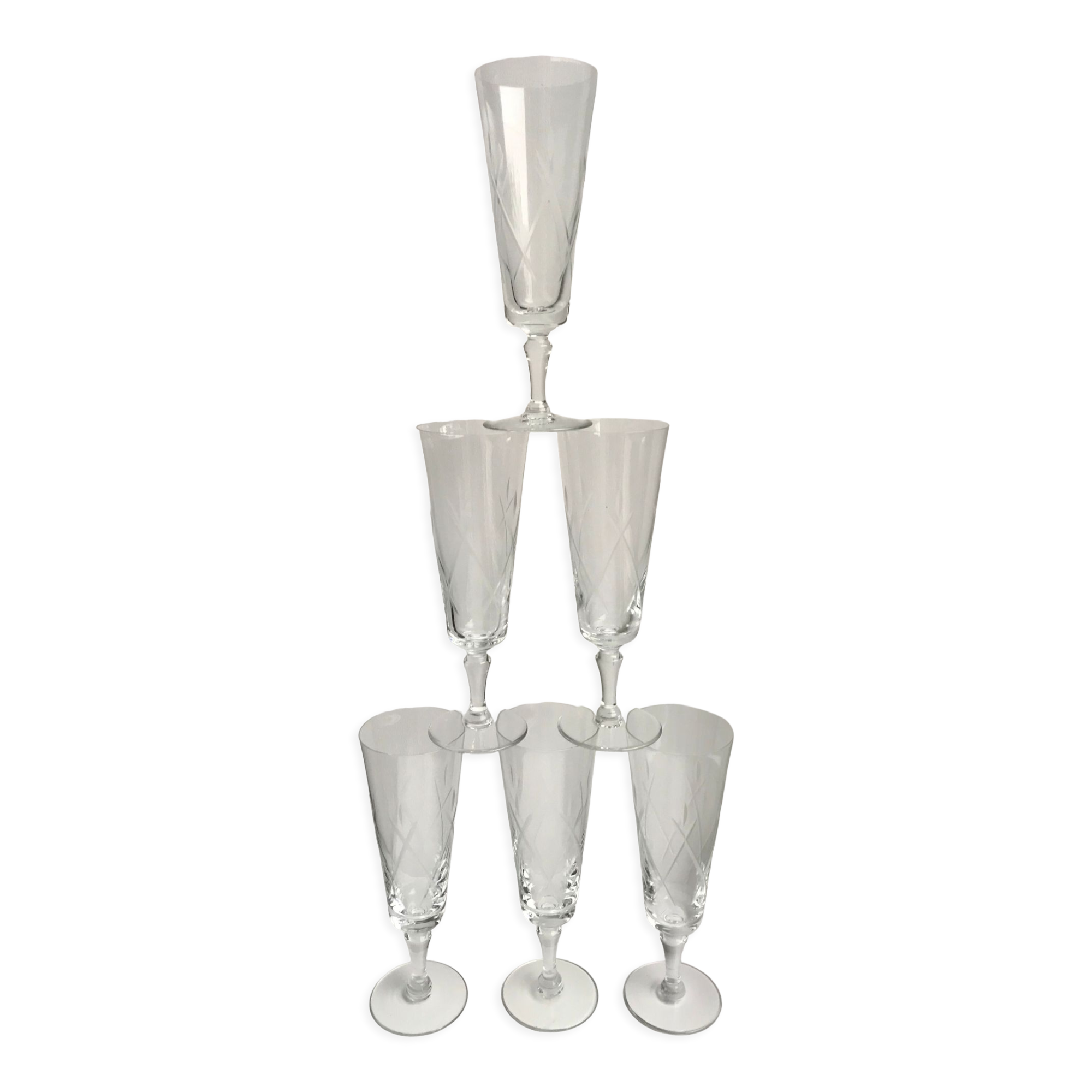 Set of 6 champagne flutes in crystal engraved years 50-60