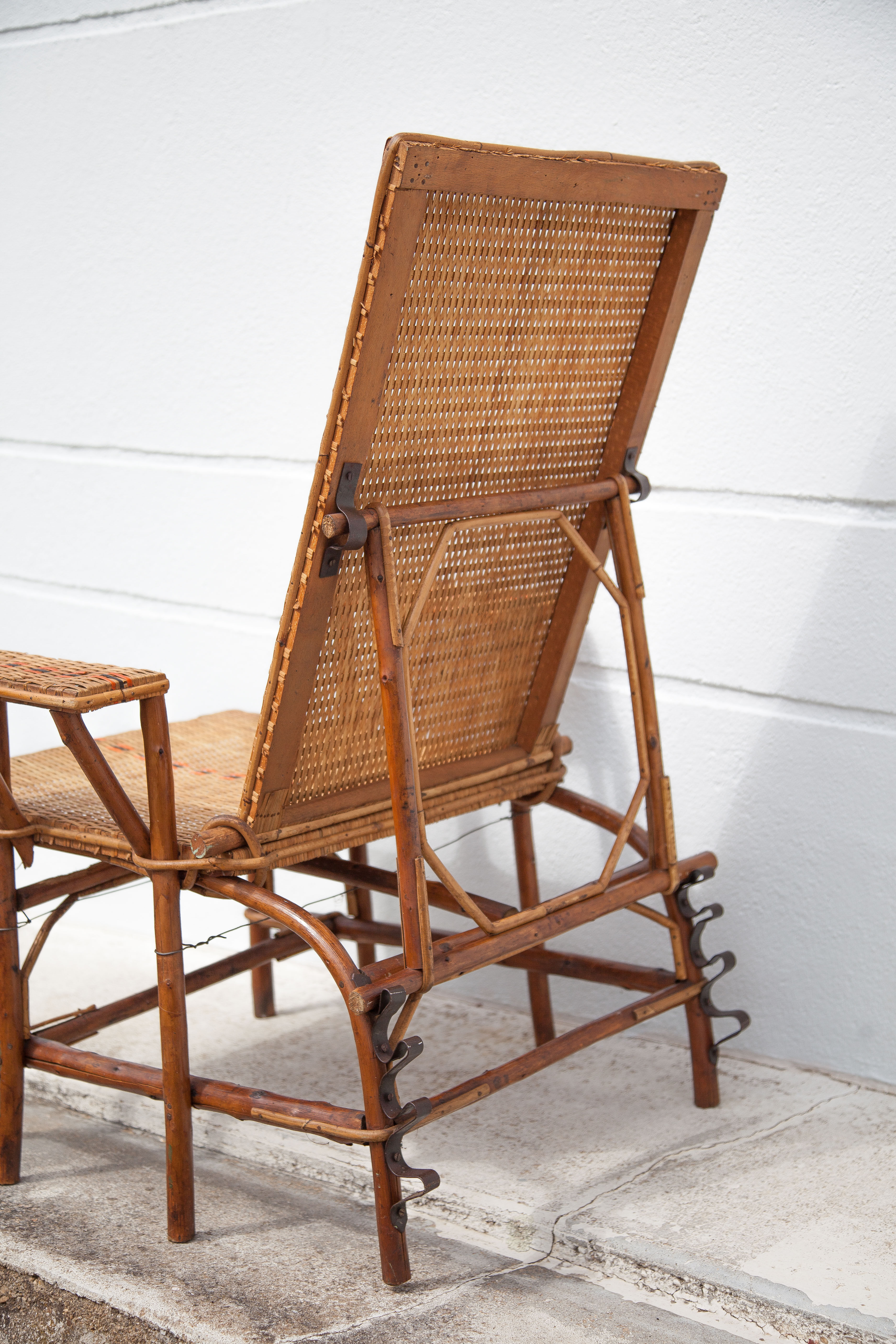 Antique rattan chaise longue, Chilean, rattan deckchair, folding backrest, removable footrest