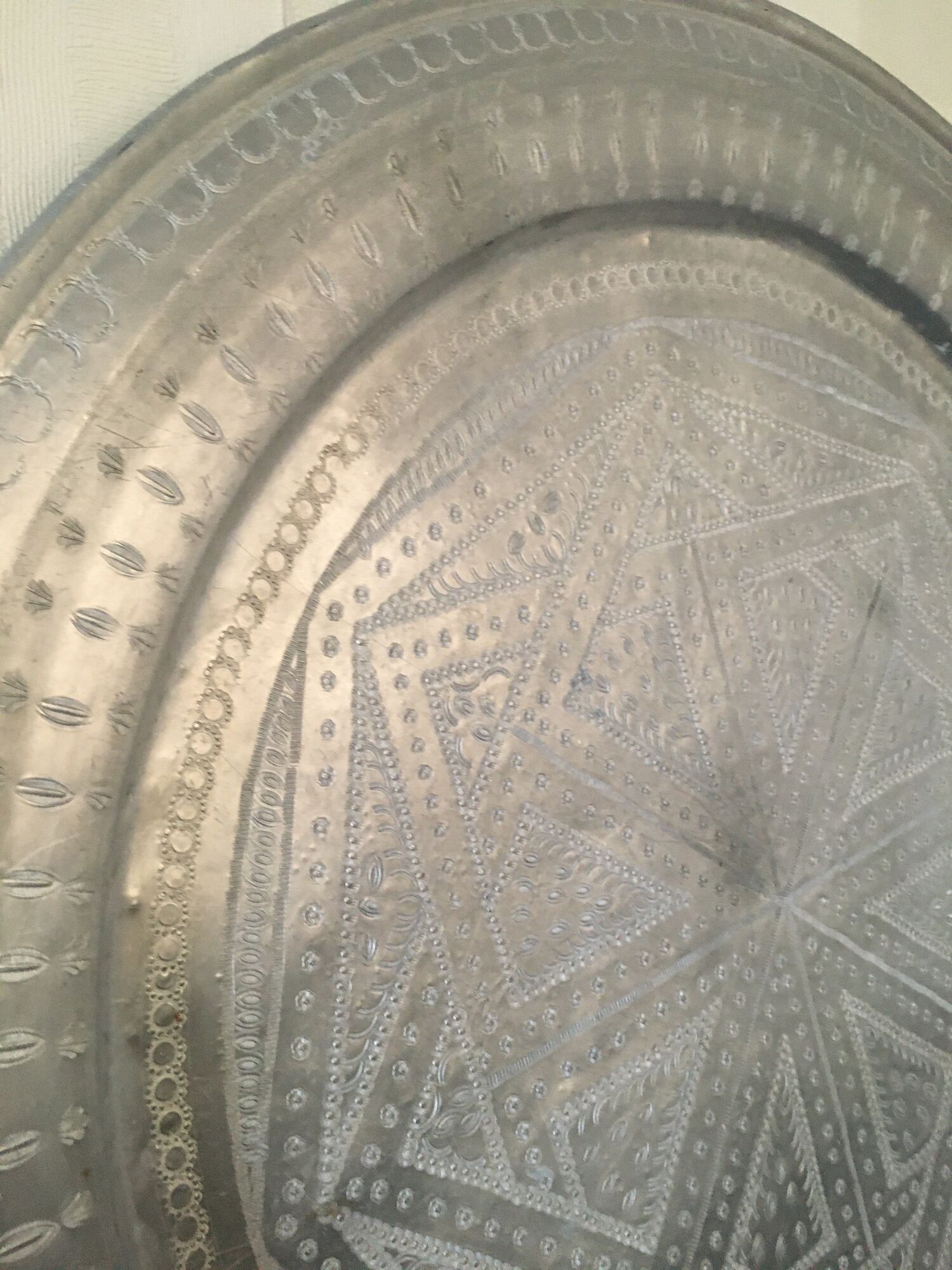 Moroccan aluminum tray on wooden tripod
